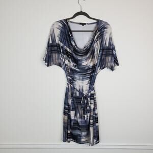 Komarov Dress Cowl Brush Stroke Abstract Stretch Jersey Blue Gray Size S